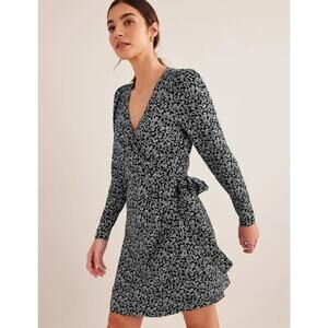 Boden Wrap Detail Mini Dress Long Sleeve Black Swirl Sprig Womens 14 Office Work